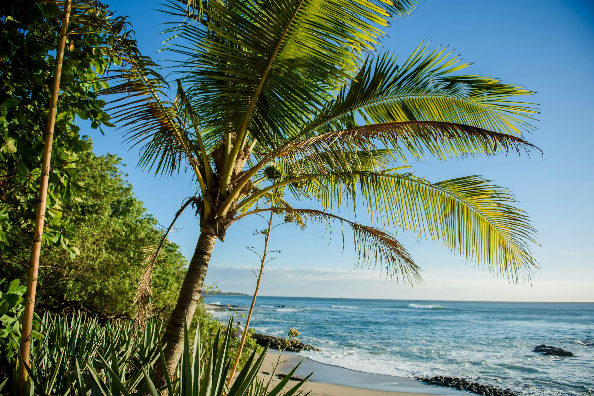 Serene beach in Costa Rica with golden sand and calm ocean waters.