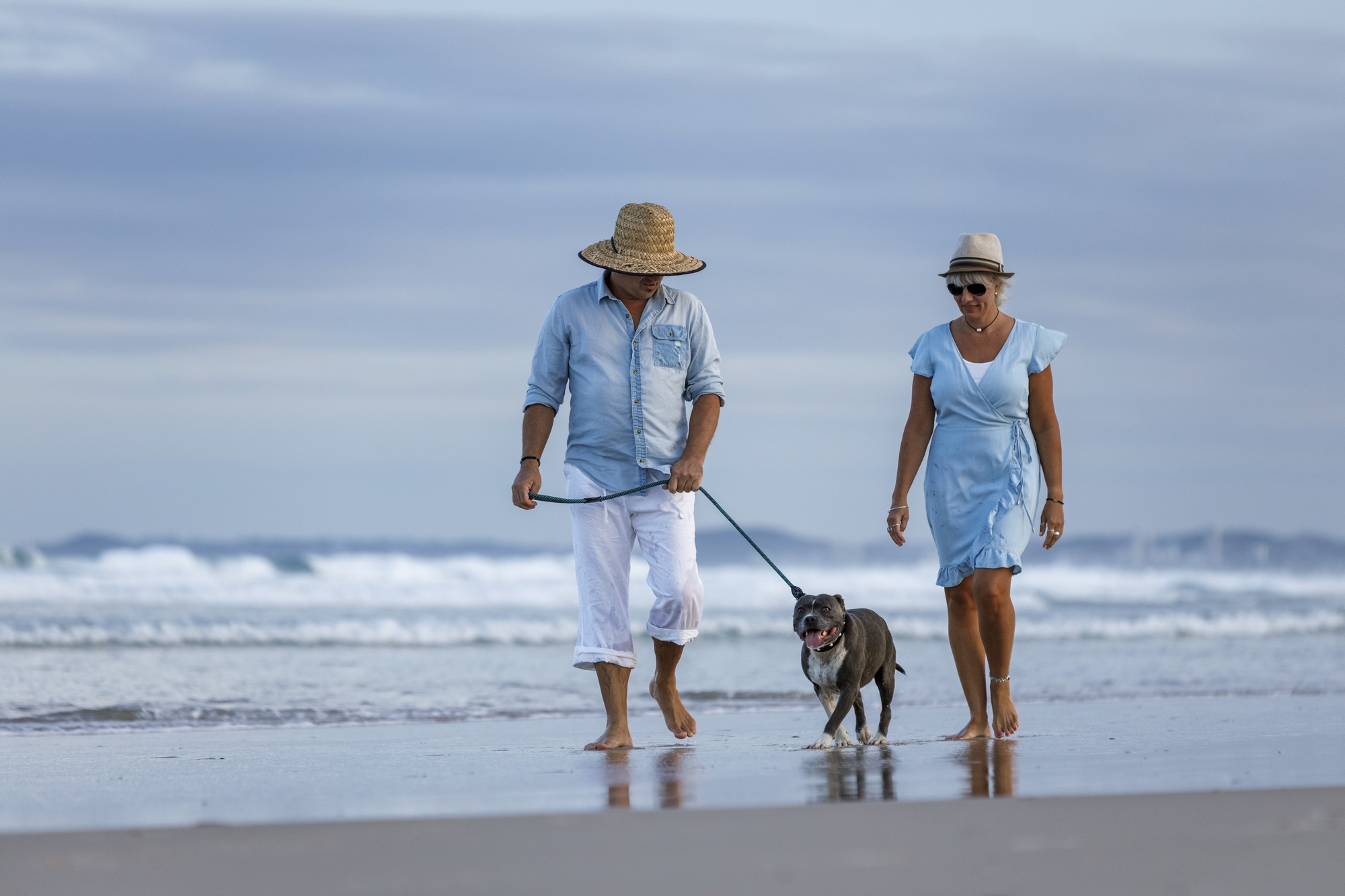 A couple walking with a dog along the shoreline on a beach.